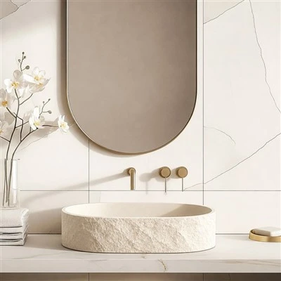 Oval Hand-Chiseled Rock-Face Vessel Basin